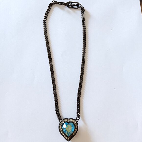 Yves Saint Laurent Aurora Borealis Heart Crystal Gunmetal Chain Necklace Vintage - Picture 1 of 6